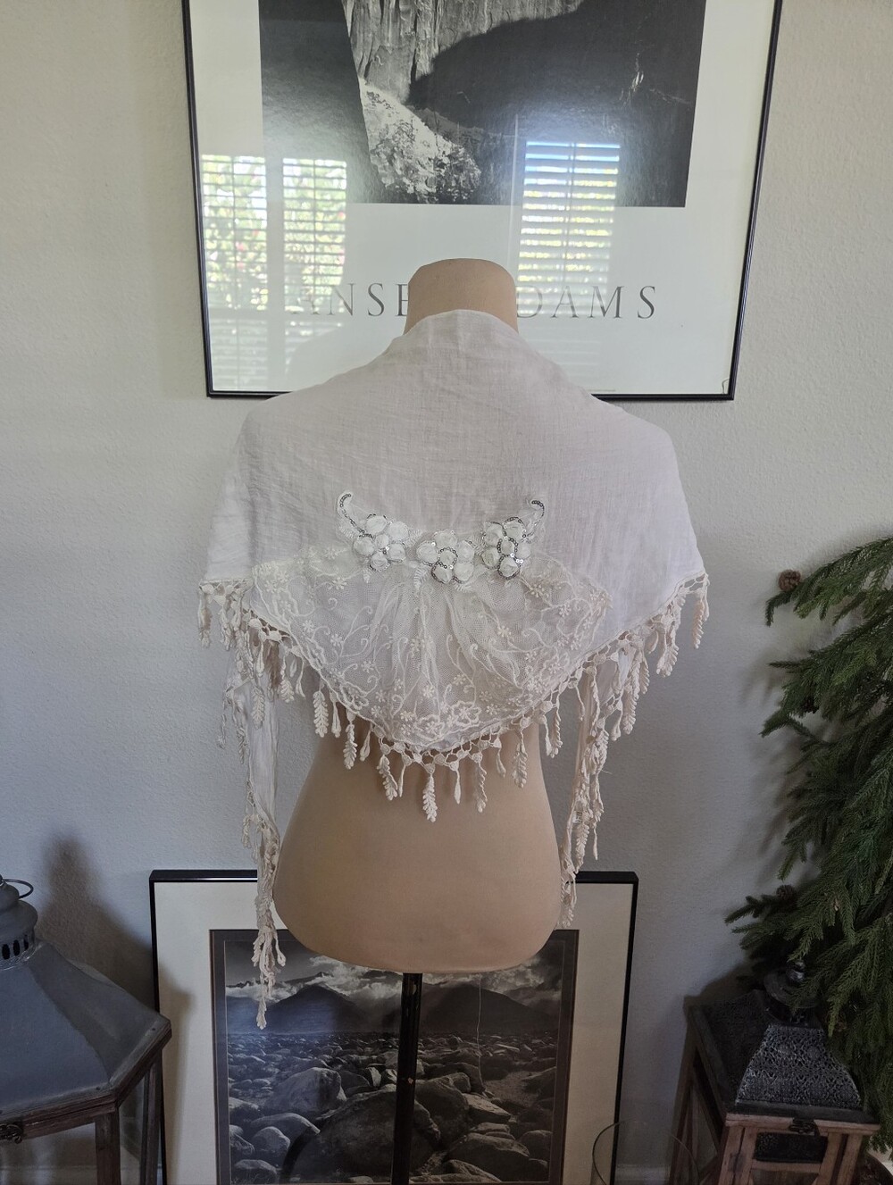 #47 White Floral Embellished Lace Trim Shawl
